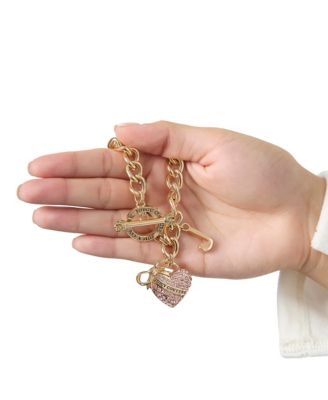 Pink Pave Heart Toggle Bracelet, Gold Tone Curb Chain