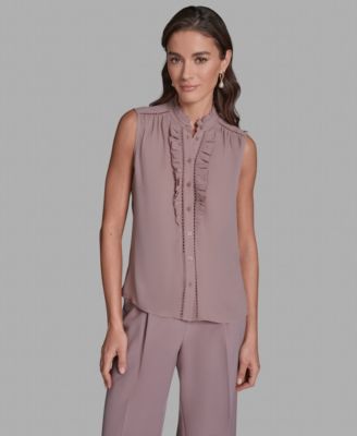 Women's Sleeveless Button Front Ruffle Top