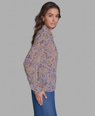 Women's Long-Sleeve Printed Ruffle Front Top
