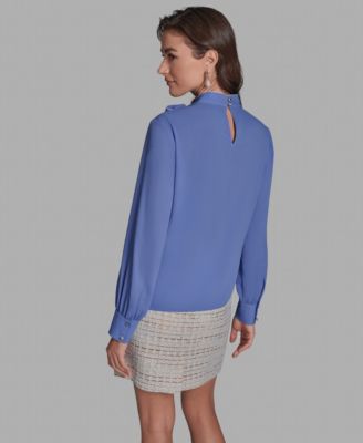 Women's Contrast Tie Neck Long-Sleeve Top