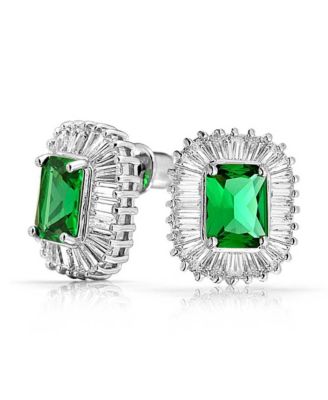 Art Deco Jewelry Green CZ Pendant Necklace & Baguette Cubic Zirconia Halo Stud Earrings Jewelry Set