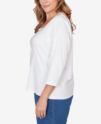Plus Size Solid Embellished 3/4 Sleeve Top