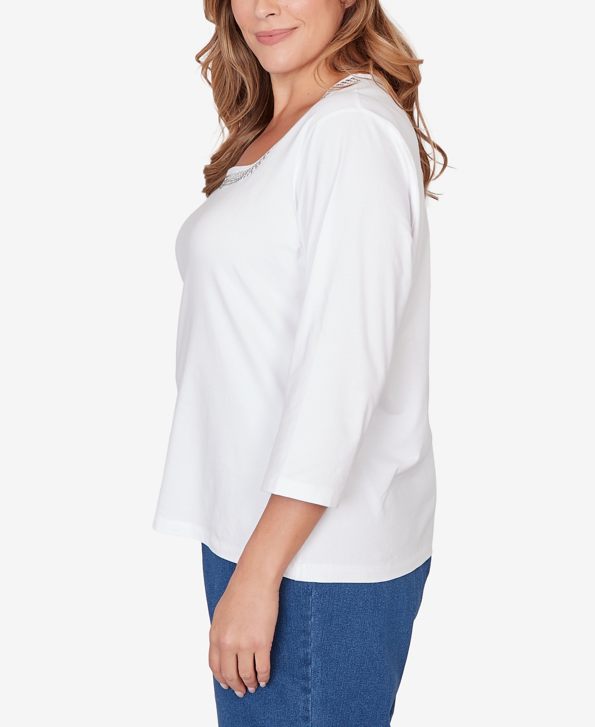 Hearts Of Palm Plus Size Solid Embellished 3/4 Sleeve Top In White