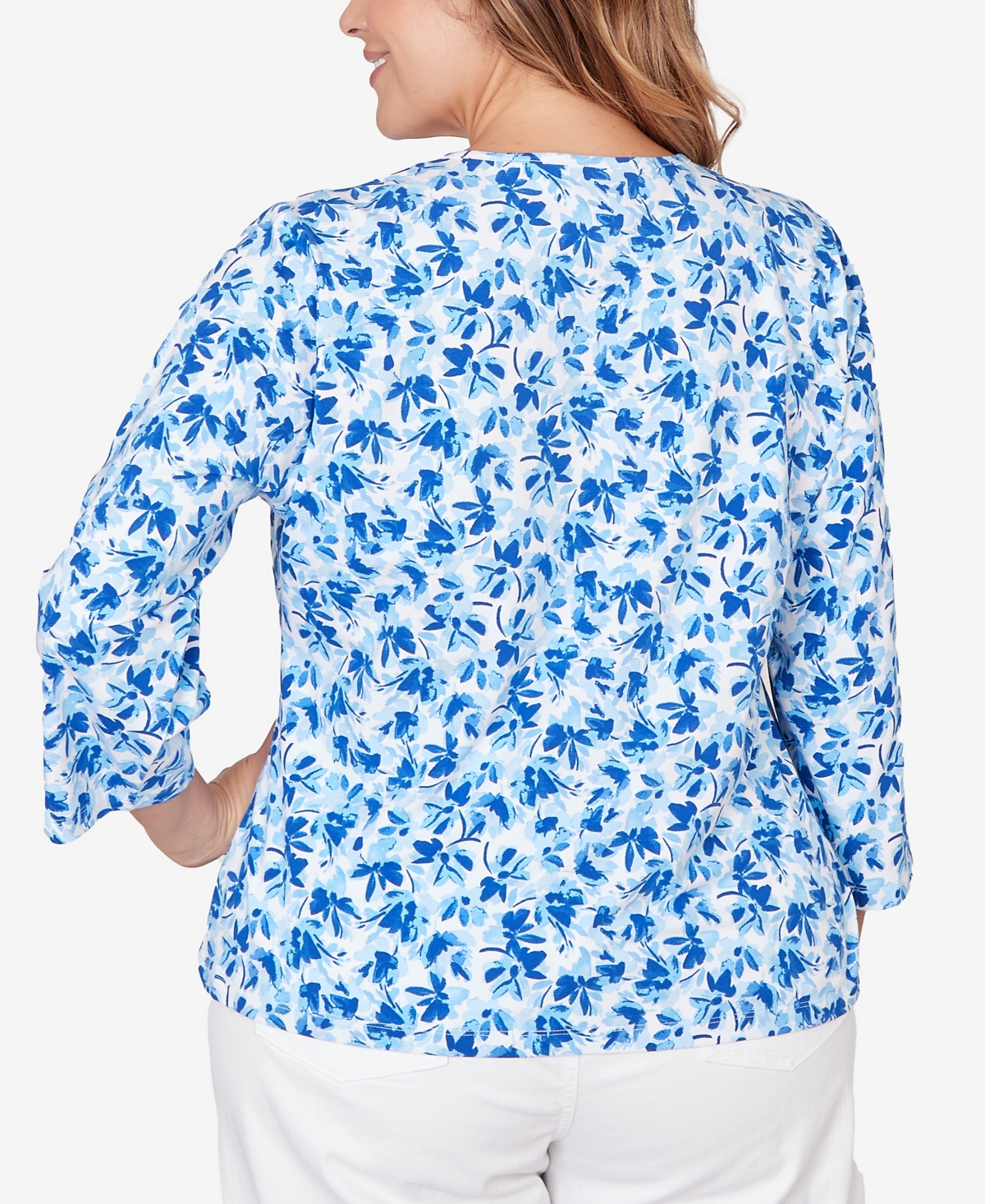 Hearts Of Palm Plus Size Printed Stretch Jersey 3/4 Sleeve Top In Blue