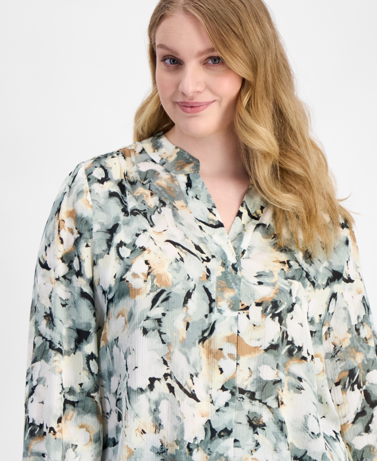 Anne Klein Plus Printed V-Neck Long-Sleeve Blouse