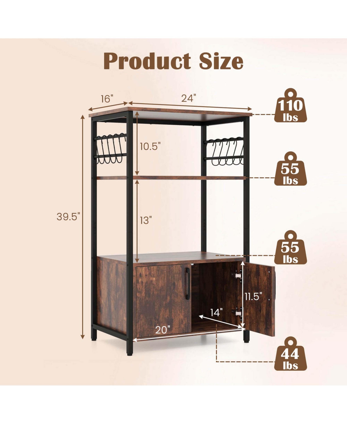 Costway 3-Tier Kitchen Baker s Rack with Cabinet 2 Open Shelves 10 S-Shaped Hooks