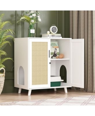 Modern Cat Litter Box Enclosure, White Hidden Litter Box Furniture Cat Washroom Storage With Lock Sisal Door for Rooms