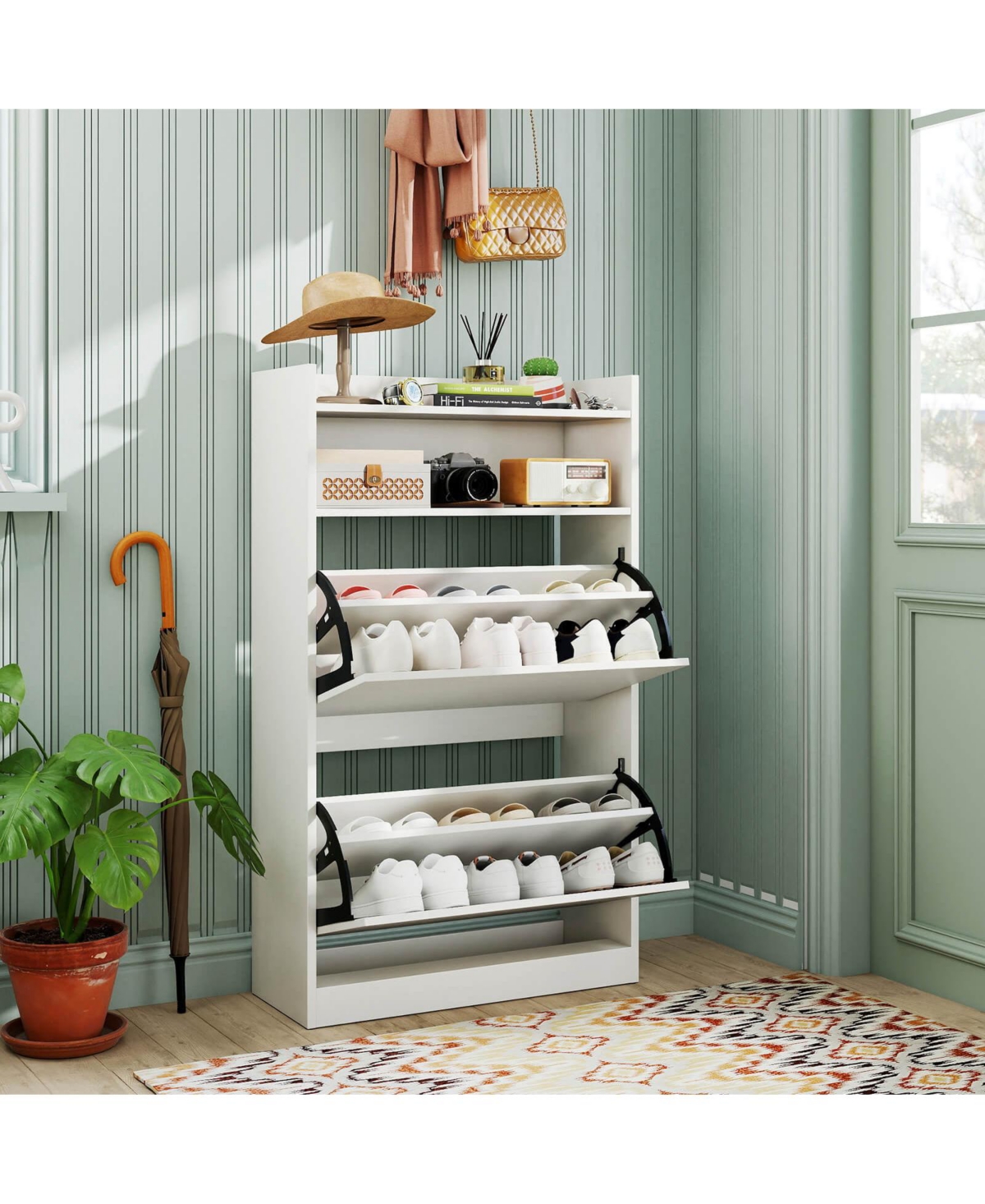 Shoe Storage Cabinet with 2 Flip Drawers, Adjustable Removable Shelves for Entryway