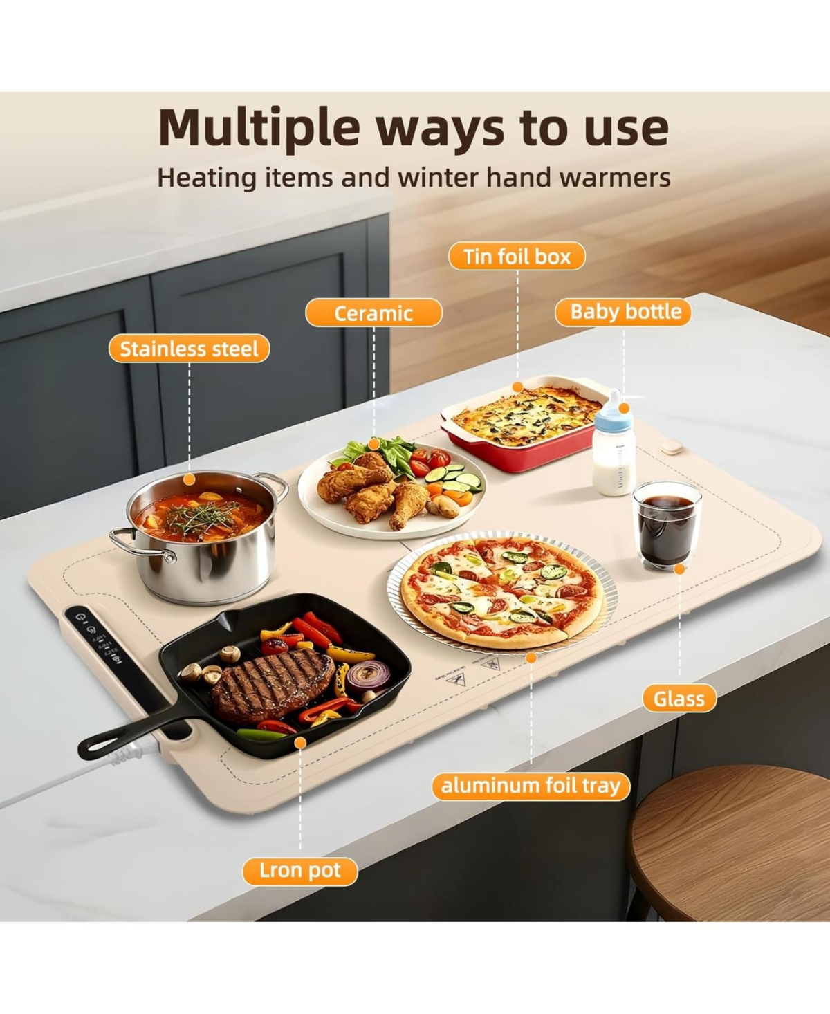 Cowsar Warming Mat for Food, 3-Temp Electric Warmer (140/176/212°F), 250W Low Energy, Auto Shut-Off & Child Safety Lock, Portable Roll-Up Silicone