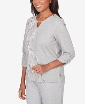 Petite Comfort & Joy Metallic Swirl Embroidered Split Neck Top