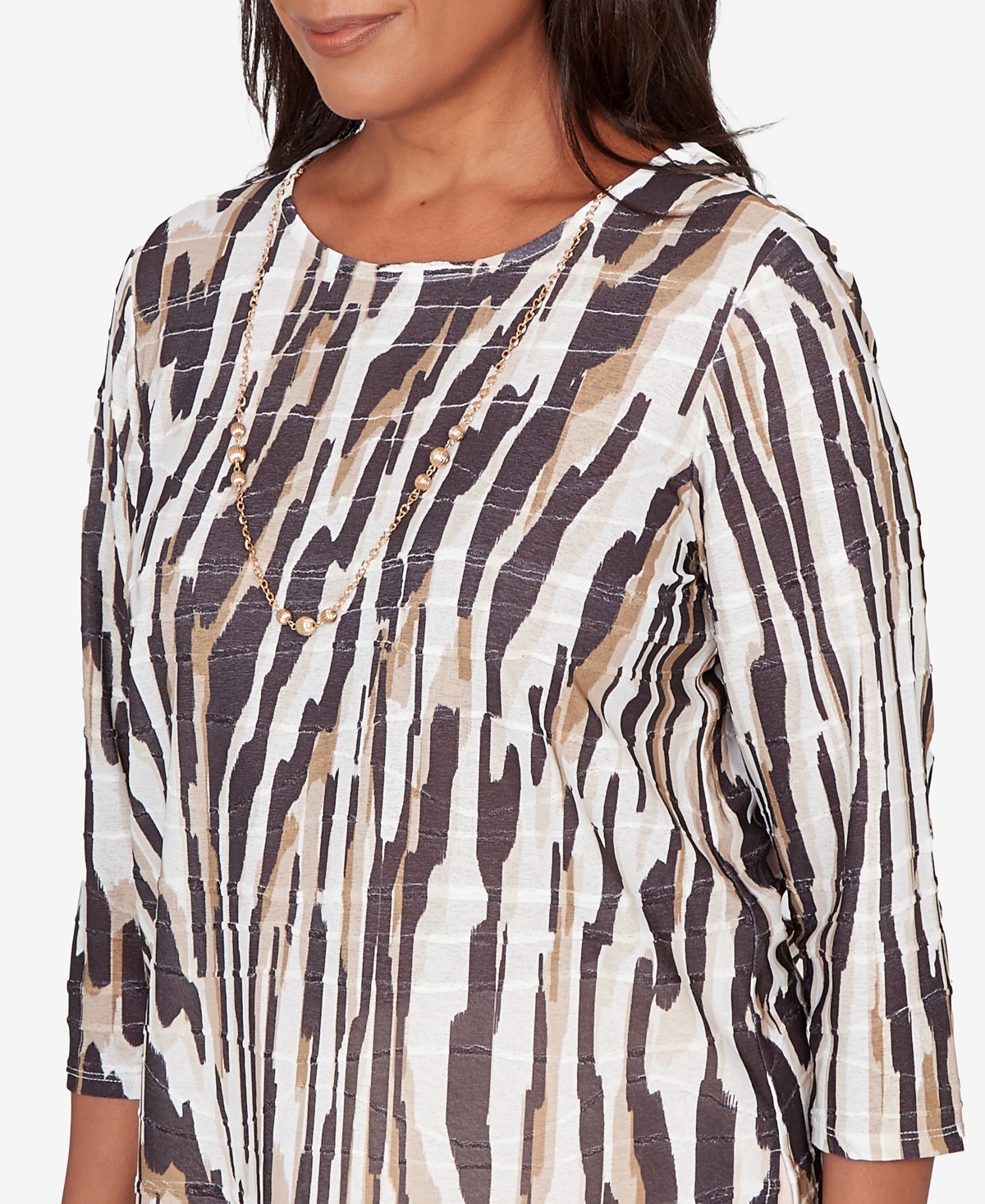 Alfred Dunner Petite Seville Animal Print Pleated Top with Necklace