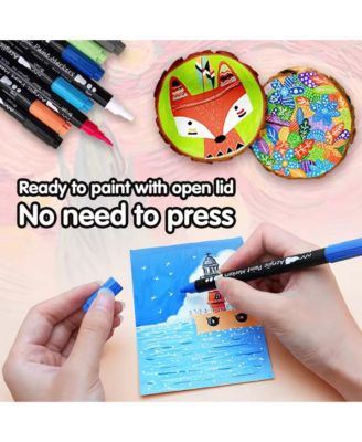 12 Colors Dual Tip Acrylic Paint Markers with Dot Tip and Brush Tip for Wood, Stone, Rock Painting, Ceramic Surfaces and DIY Crafts Making
