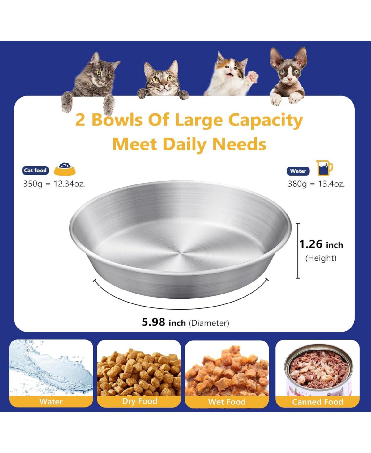 Wopet 2 Pack Stainless Steel Cat Food Bowls Deep Whisker Friendly Non Slip Silicone Base Easy Clean Indoor Feeding Dishes 59 Inch
