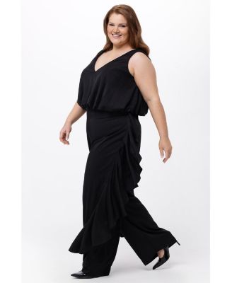 Women's V-Neck Stretch Satin Jumpsuit with Ruffles