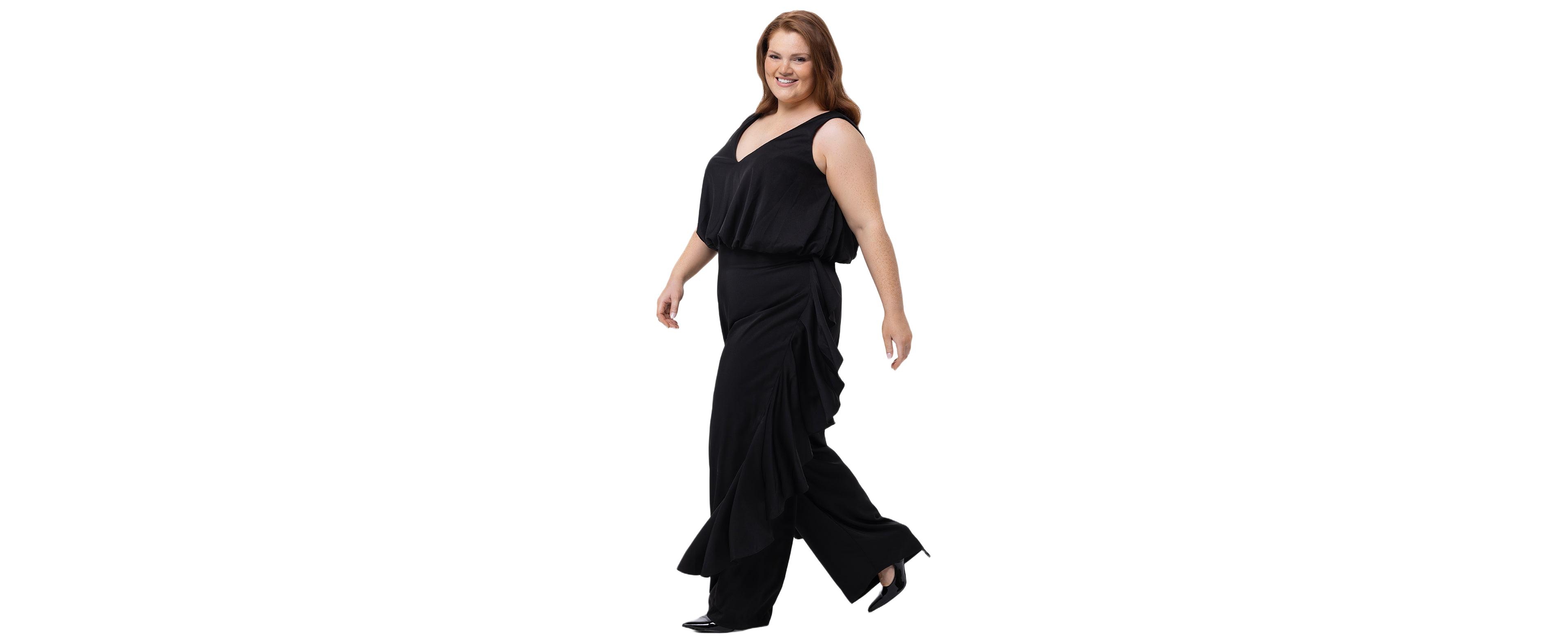 Celebrations by Sydney's Closet Women's V-Neck Stretch Satin Jumpsuit with Ruffles