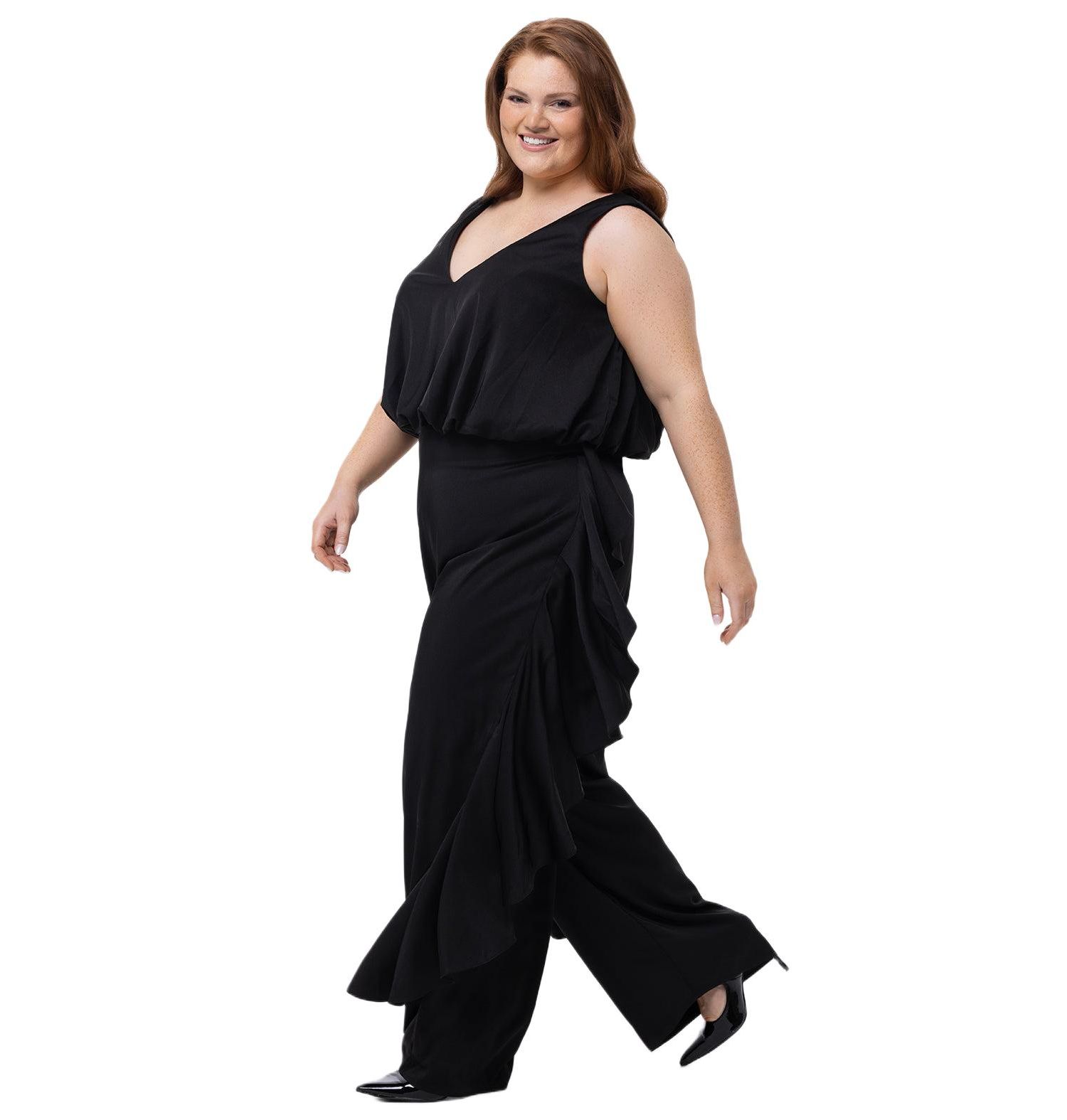Women's V-Neck Stretch Satin Jumpsuit with Ruffles