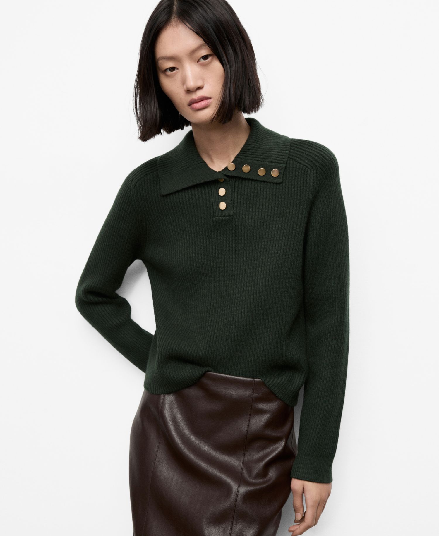 Women's Ribbed Polo-Neck Buttons Sweater