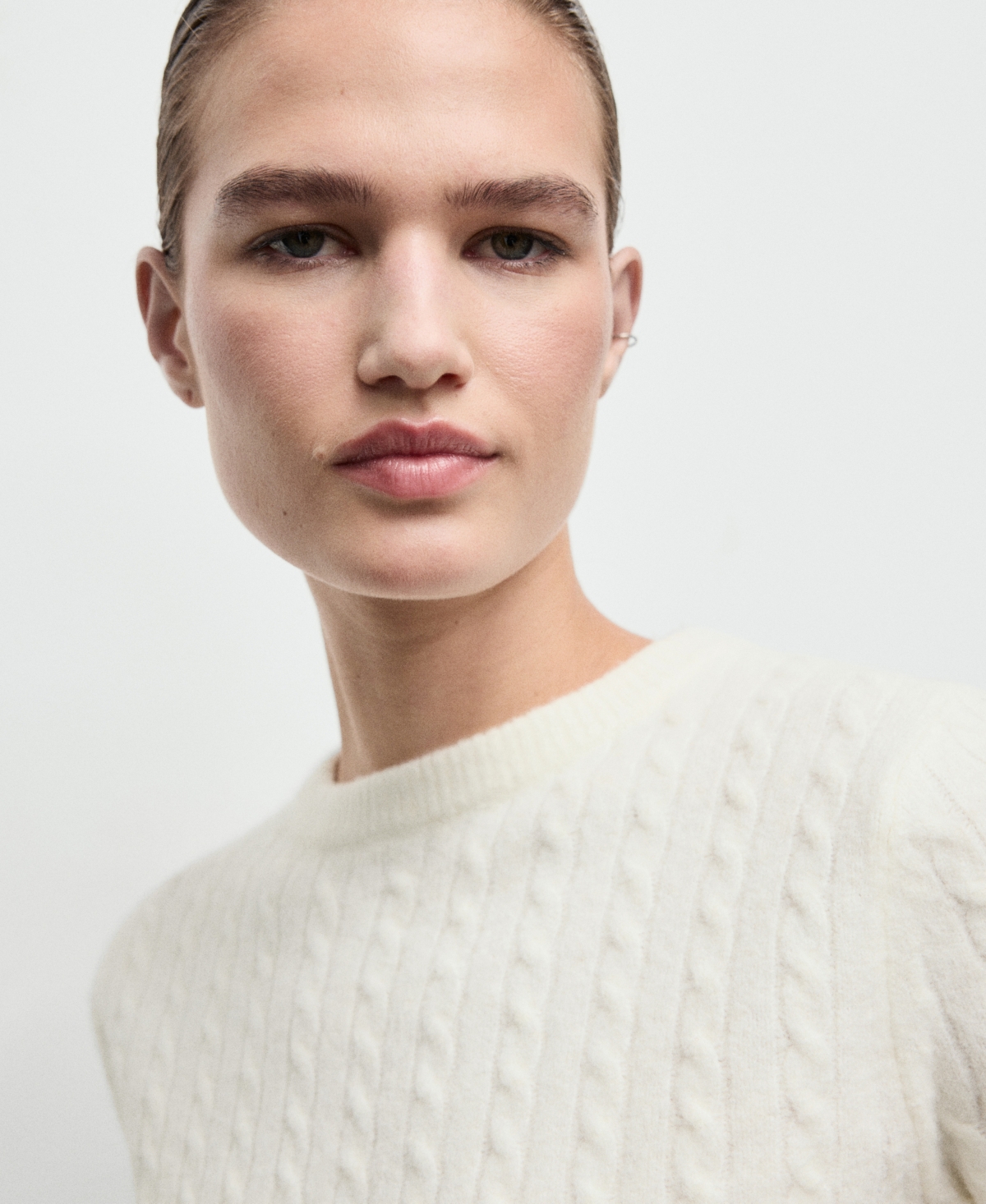 Mango Cable Stitch Short Sleeve Sweater In White