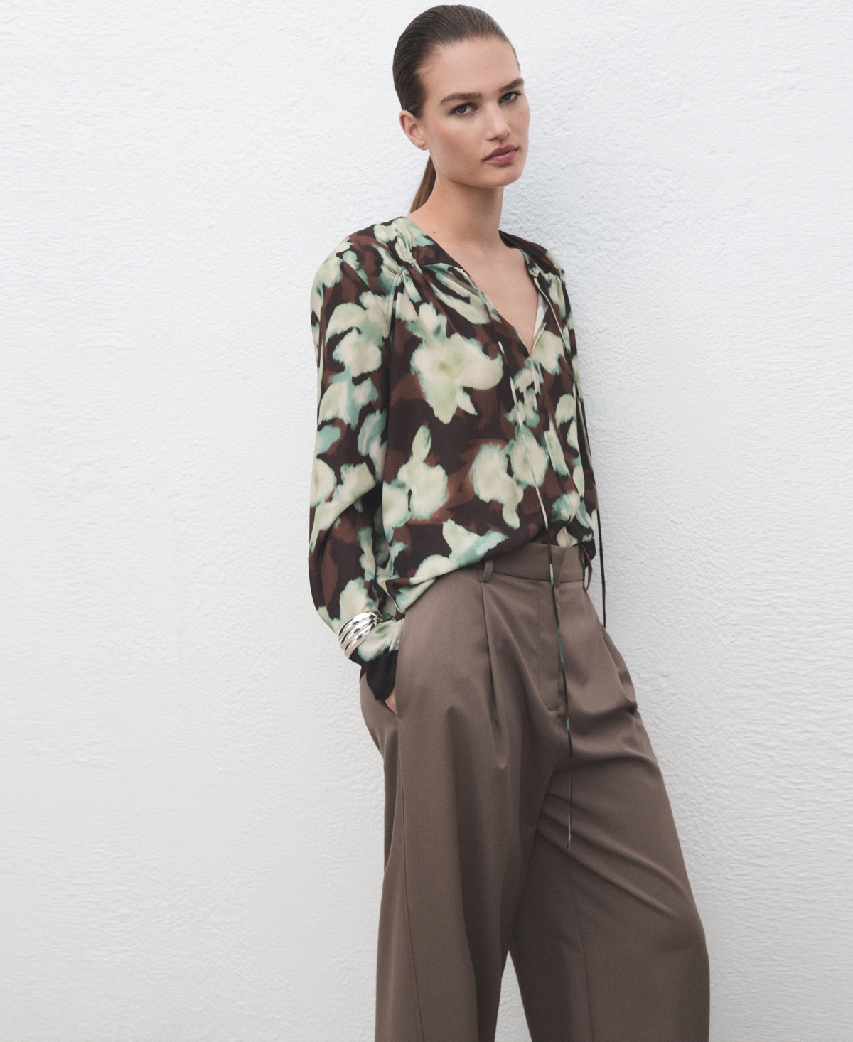 Mango Women's V-Neck Tie Blouse