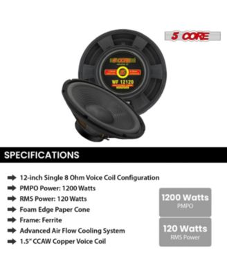 12" Subwoofer 120W Car Audio Sub Woofer 8 Ohm Deep Bass Replacement Component Loud Speaker