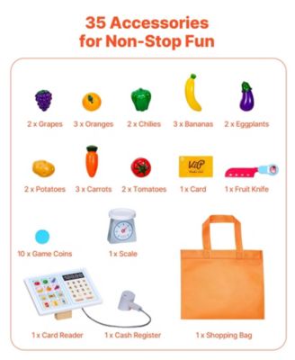 Kids Grocery Store Playset, Wooden Store with Bag, Conveyor Belt, Scanner, Cash Register & Scale, Pretend Supermarket Toy