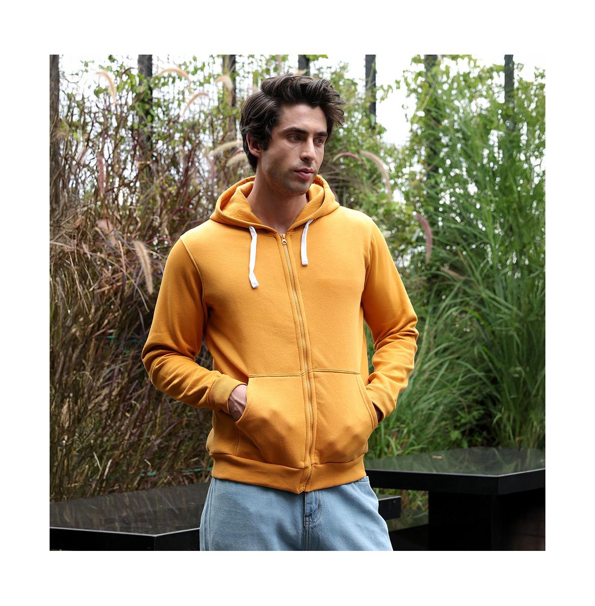 Campus Sutra Men's Mustard Yellow Zip-Front Regular Hoodie