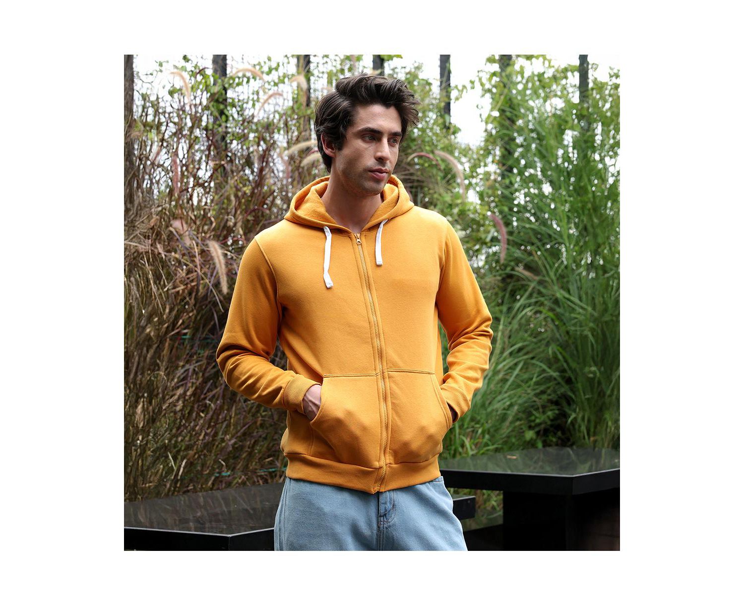 Men's Mustard Yellow Zip-Front Regular Hoodie