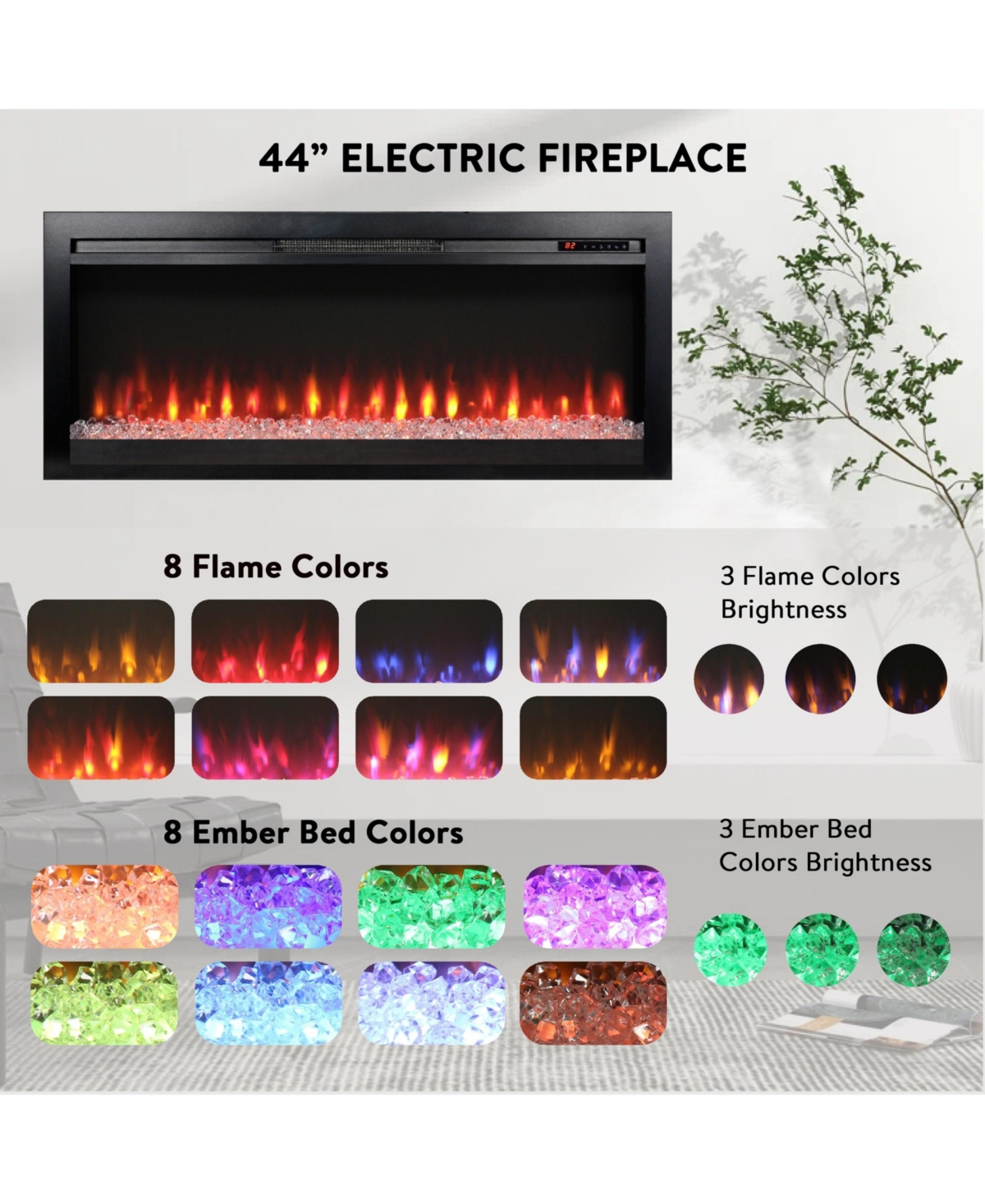Flynama 44 inch in wall recessed electric fireplace with remote and multi color flame & emberbed, Led light heater