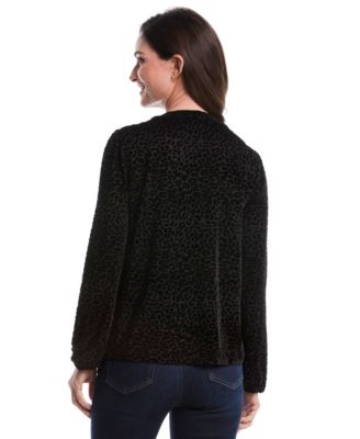 Petite Cheetah Print Split Neck Long Sleeve Popover Top