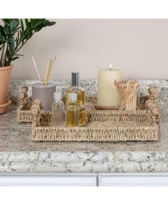 Handwoven Seagrass Rectangular Tray Set with Wood Handles, Natural, Set of 2