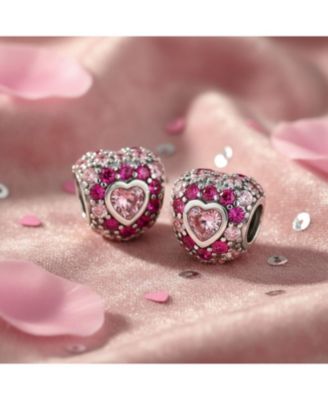 Set of 2 Hot Pink Fuchsia Cubic Zirconia CZ Pave Heart Charm Bead Sterling Silver European Bracelet