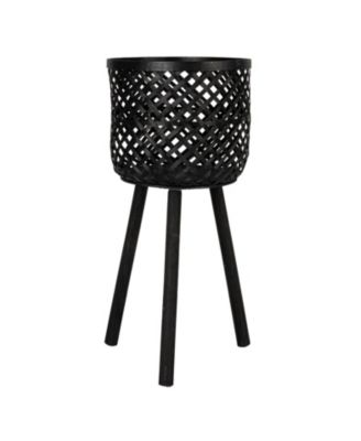 Woven Bamboo Baskets with Wooden Legs, Black, Set of 3