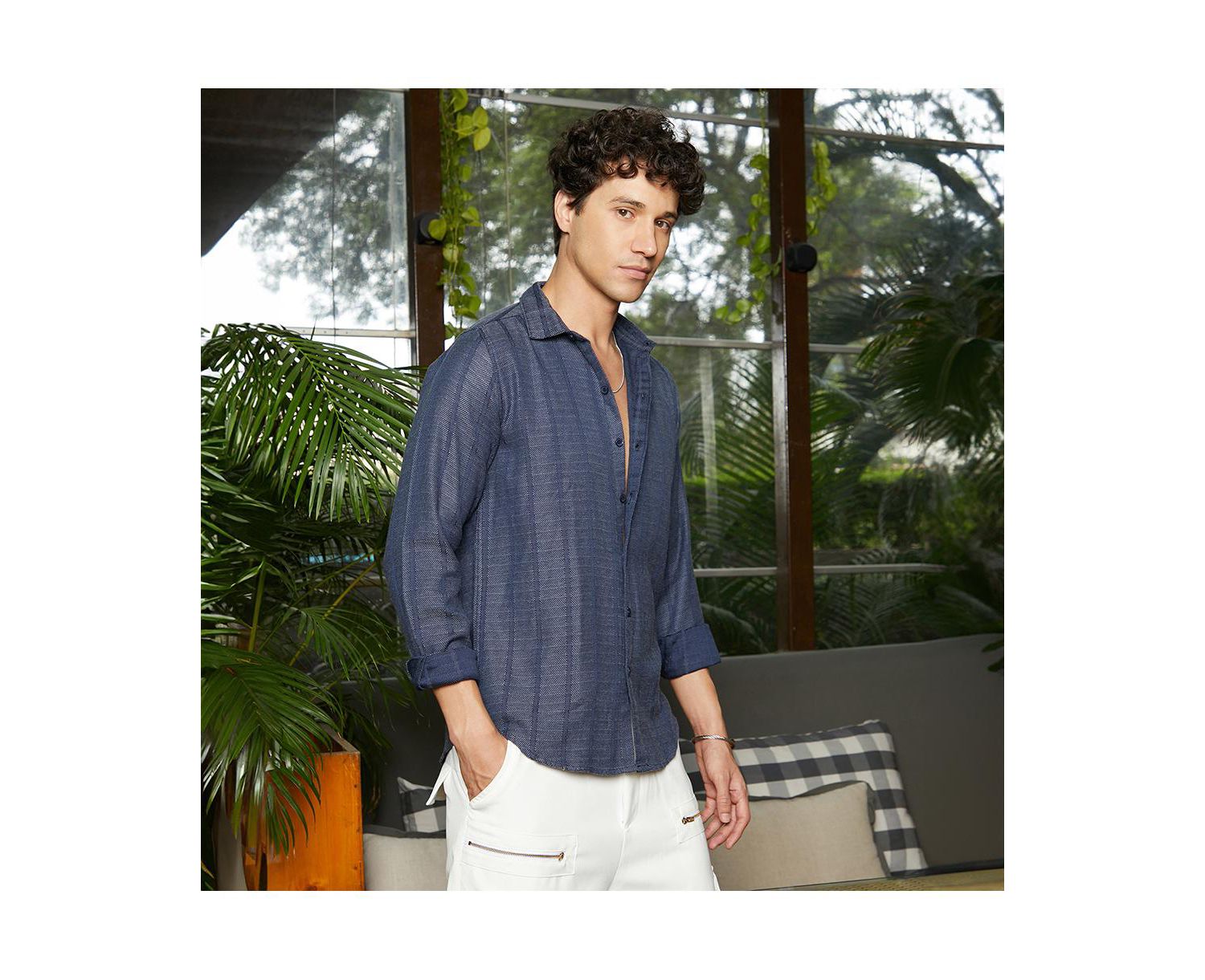 Men's Contrast-Weave Relaxed Shirt