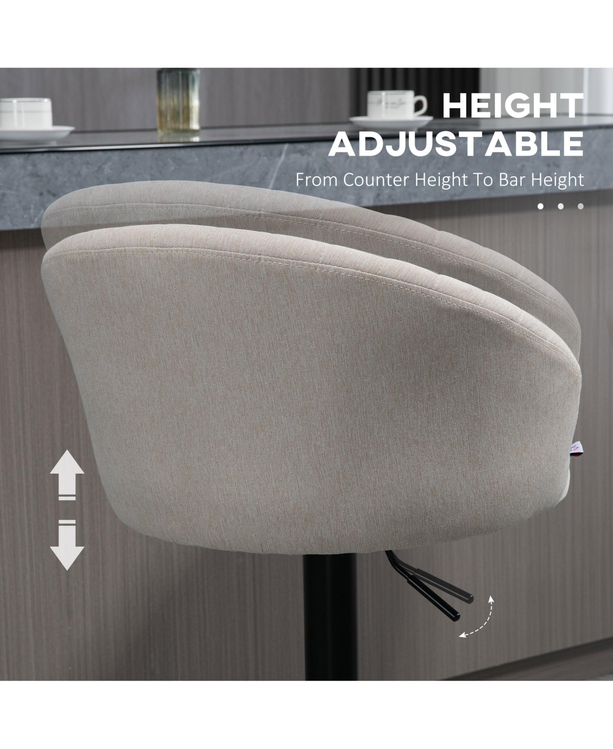 Homcom Adjustable Bar Stools Set of 2 Kitchen Stools with Swivel Seat, Beige