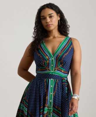Plus Size Belted Polka-Dot V-Neck Dress