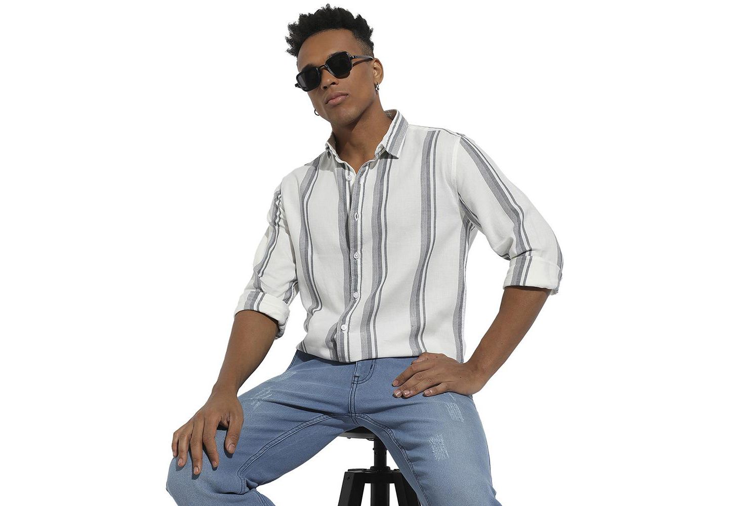 Мужская рубашка Cahoot Campus Sutra White & Dark Grey Barcode Striped, цвет: Белый — фото 1