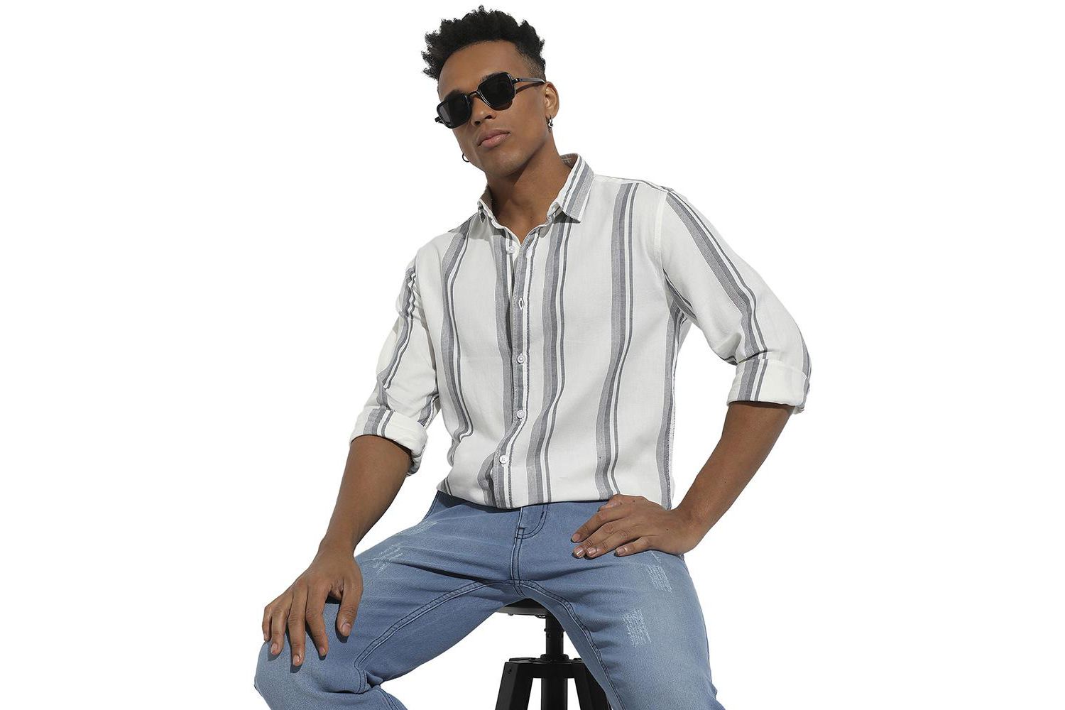 Men's White & Dark Grey Barcode Striped Shirt