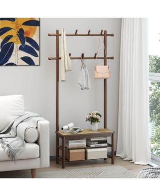 Bamboo Coat Rack with Bench Shoe Storage 2 Hanging Rods 11 Hanging Hooks Shelves