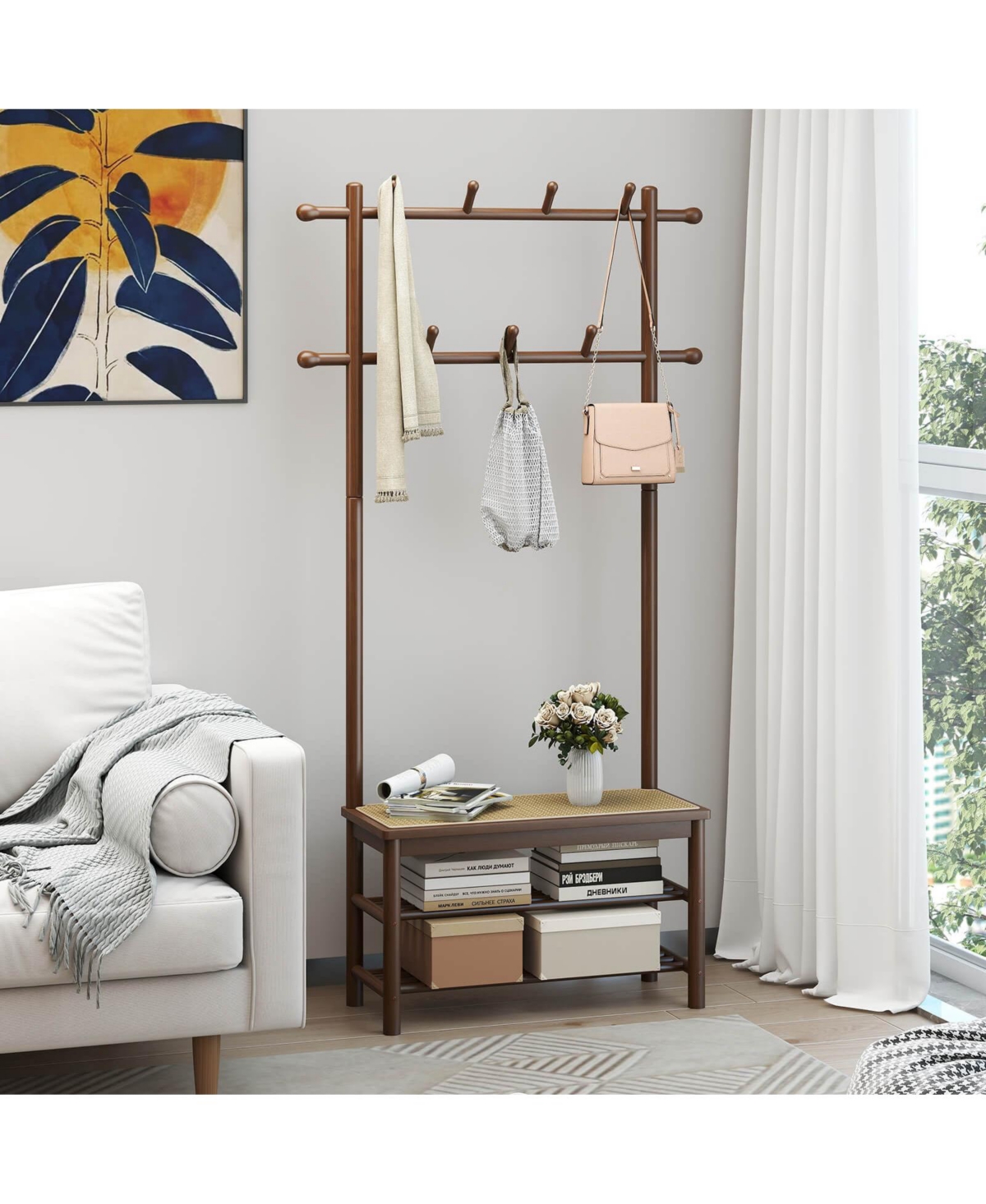 Costway Bamboo Coat Rack with Bench Shoe Storage 2 Hanging Rods 11 Hooks Shelves