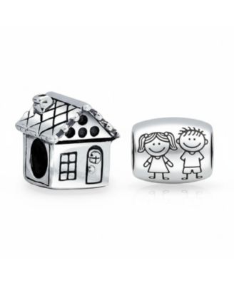 Set of 2 Sweet Heart New Homeowner & Cartoon Family Brother Sister Friends Charm Bead Sterling Silver