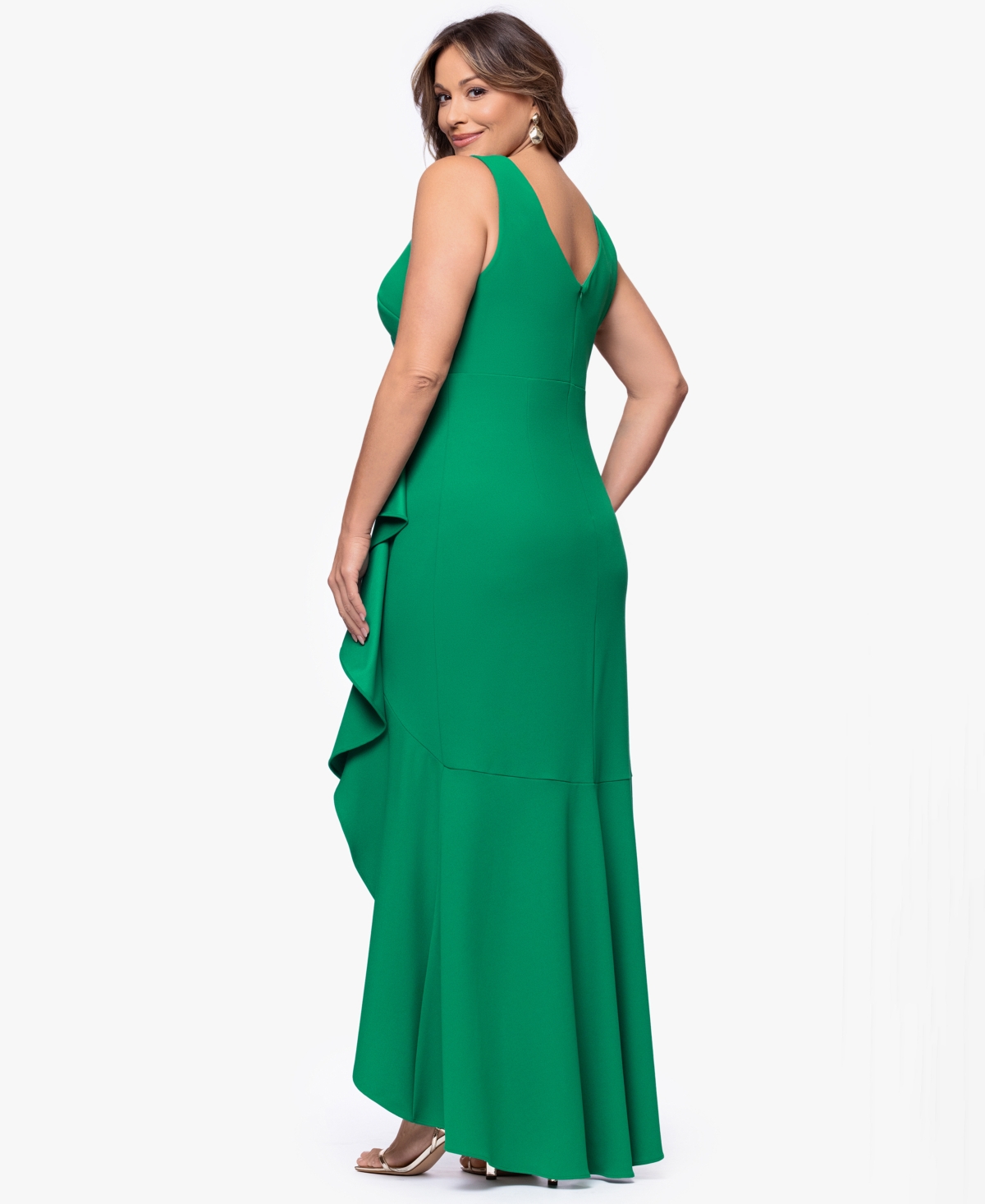 Betsy & Adam Plus Sleeveless Ruffled High-Low Gown