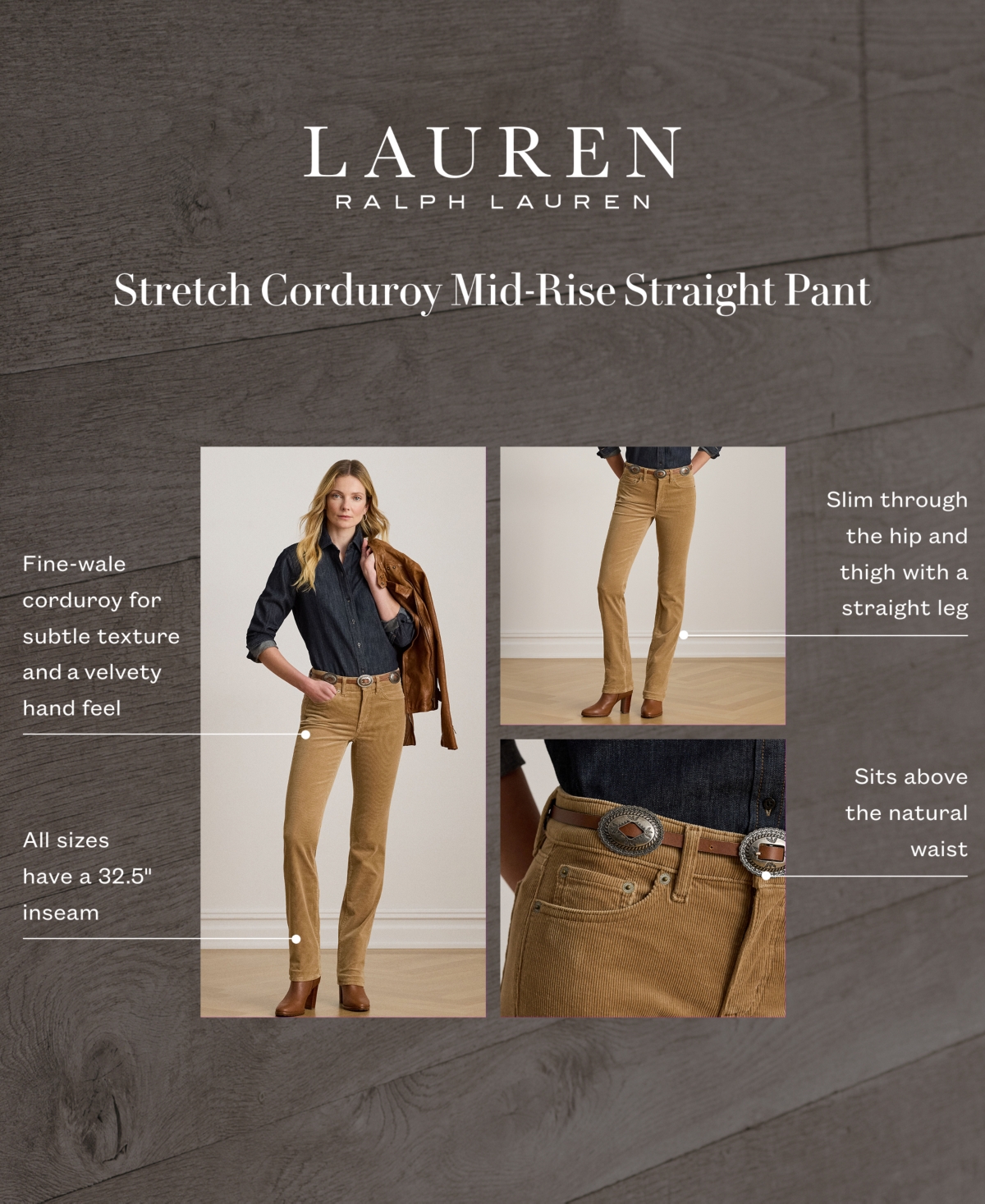 Lauren Ralph Stretch Corduroy Mid-Rise Straight Pants