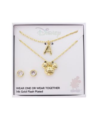 Mickey Mouse Cubic Zirconia Initial Pendant Necklace and Earring Set