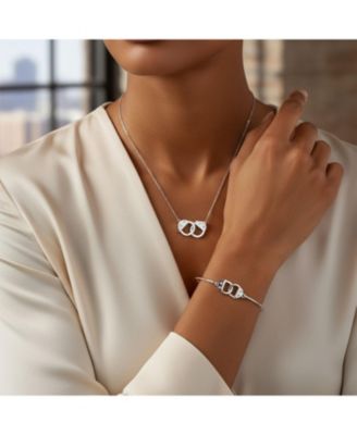 Romantic Delicate Working Lock CZ Accent Handcuff Necklace Pendant & Bangle Bracelet Jewelry Set Sterling Silver