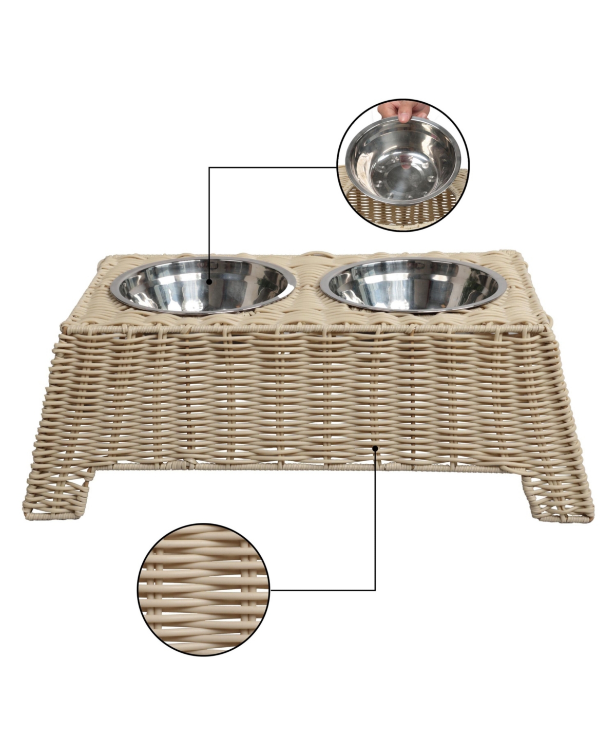 The Licker Store Serenity 6.9" Small/Medium Elevated Wicker Pet Feeder with 18oz (2.2 Cups) 2-Stainless Steel Bowls