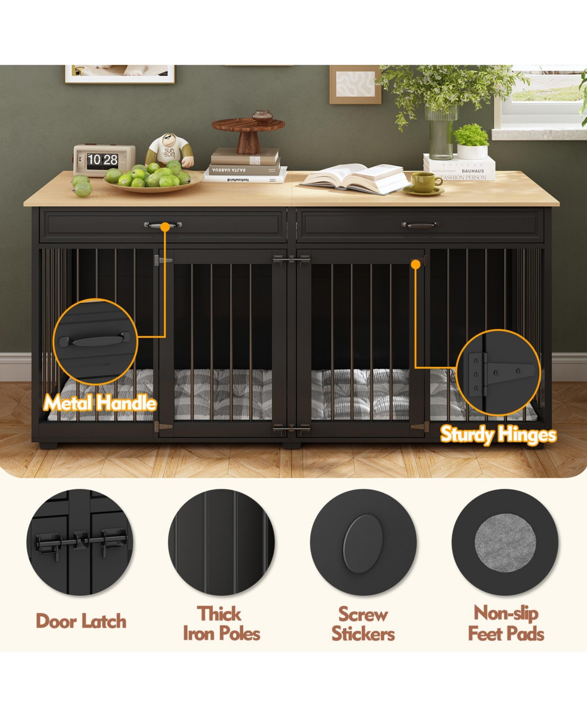 Homsee Dog Crate, Large Wooden Dog House with 2 Drawers, Dog Cage for Large Medium Dogs