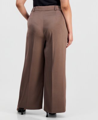 Plus Size Pleat-Front Wide-Leg Satin Pants