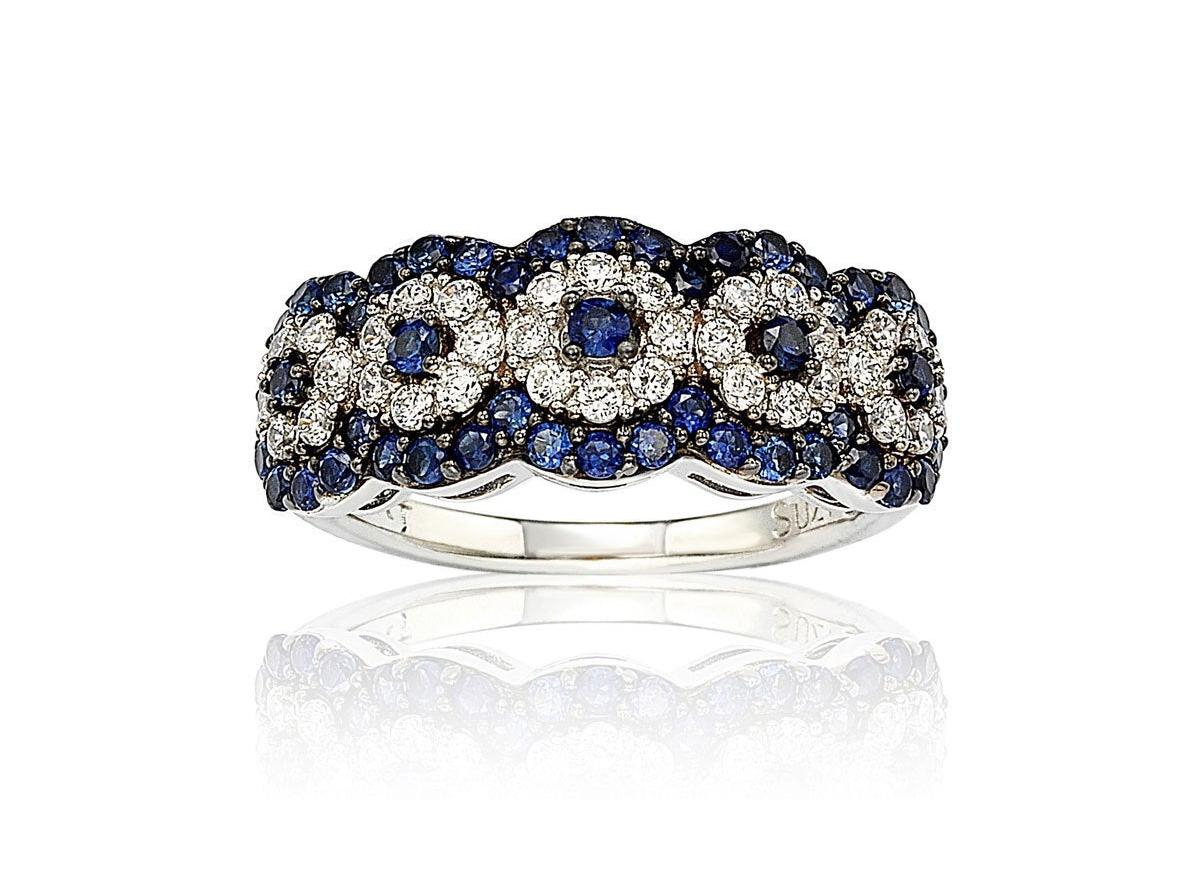 Suzy Levian Sterling Silver Sapphire 5 Stone Halo Anniversary Band Ring