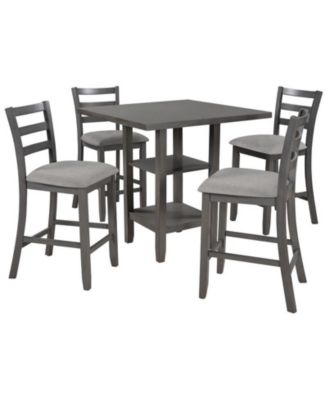 TREXM 5-Piece Counter Height Dining Set with Espresso Wood Table Padded Chairs and Storage Shelving