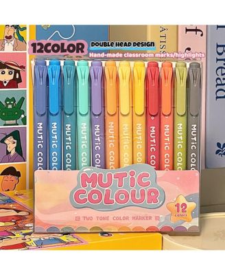 12 Colors Highlighters Set, Double-Head Highlighter Pen Doodle Journal Pen for Study and Work